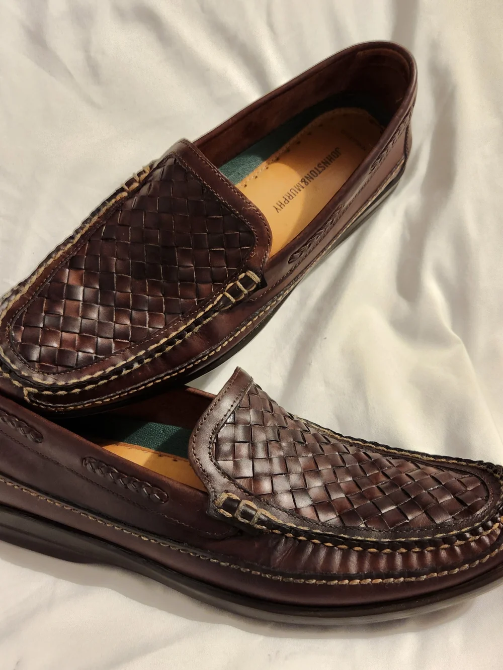 Johnston & Murphy Men's Size 11 Brown Woven Leather Slip-On Boat Shoes Loafers